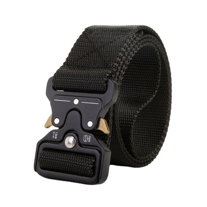 Men's Outdoor Nylon Elastic Buckle Belt Work Clothes Belt in black with secure fastening mechanism