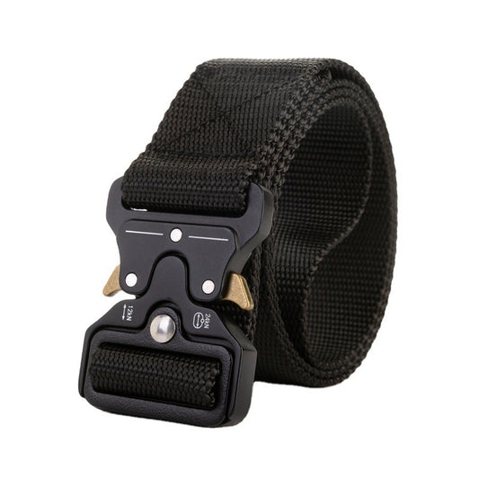 Men's Outdoor Nylon Elastic Buckle Belt Work Clothes Belt in black with secure fastening mechanism