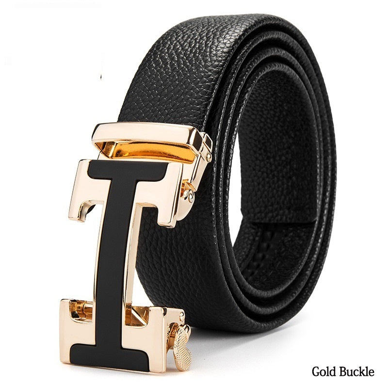 Automatic buckle men's belt leather lychee pattern