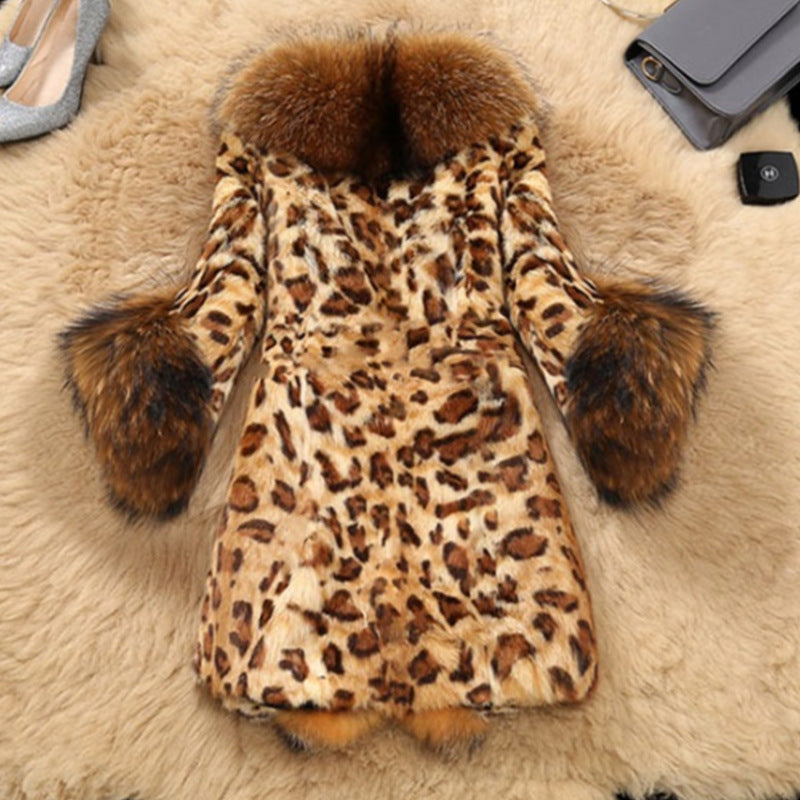 Mid-length Leopard Print  Raccoon Fur Collar Coat