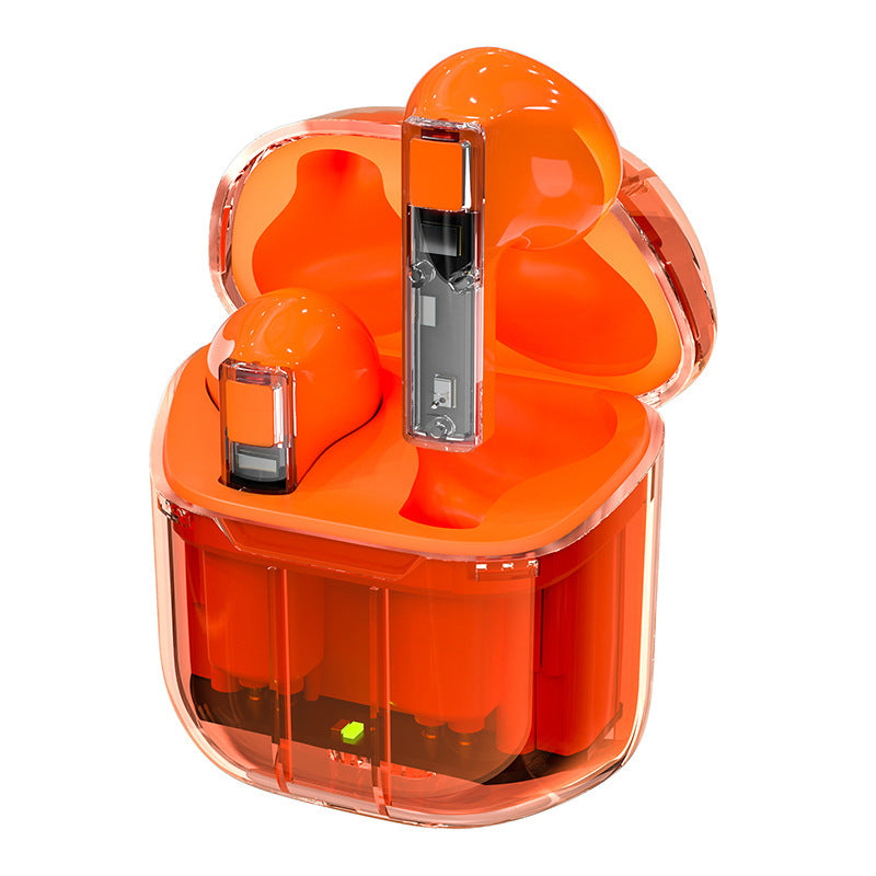 Orange TWS earbuds charging case with three earbuds and central docking slot