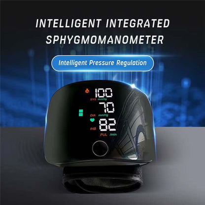 Black wrist blood pressure monitor showing reading on front touch screen
