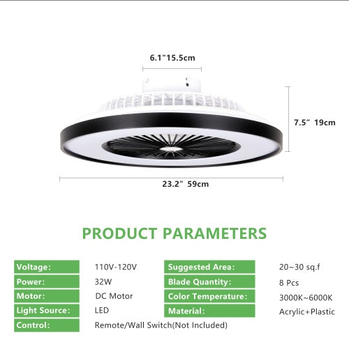 23" Smart Black Ceiling Fan - RGB LED Dimmable with Remote Control