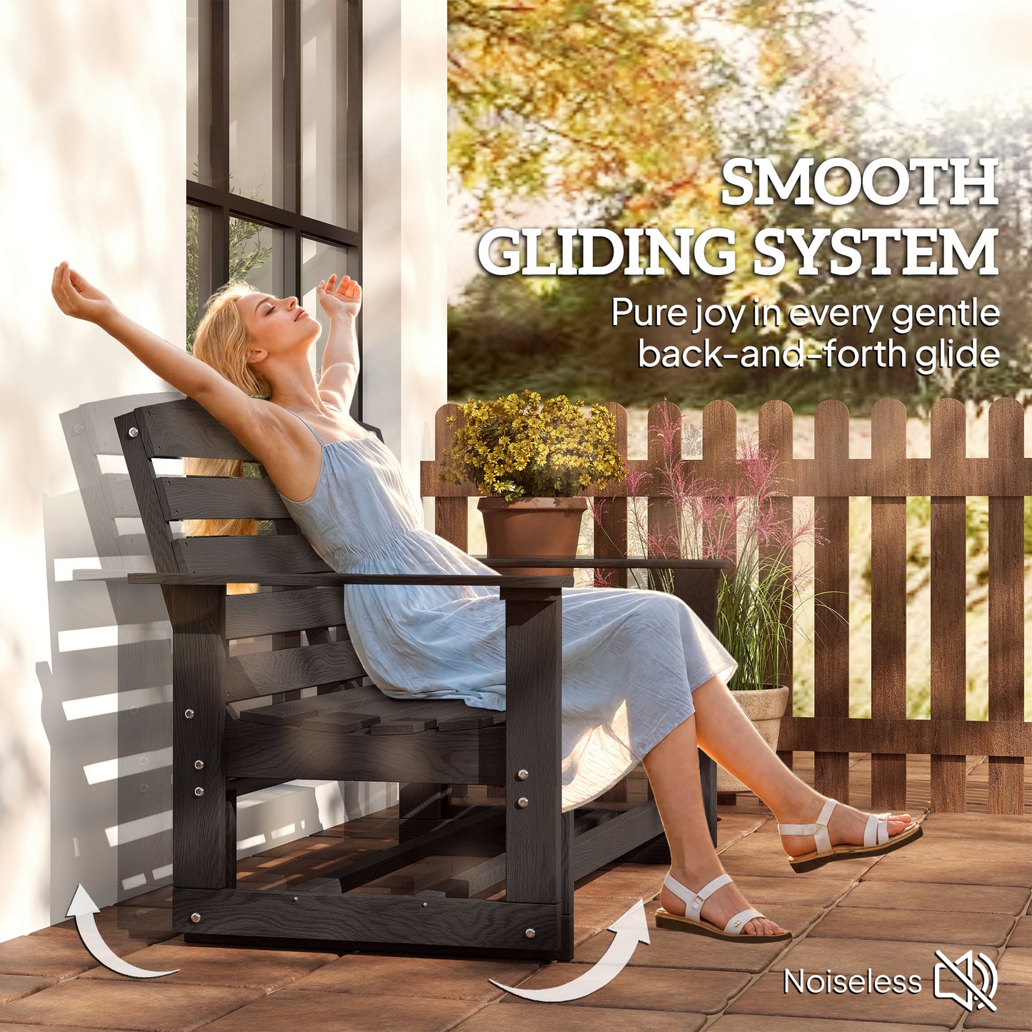 Distressed black outdoor glider bench with curved seat front and rocking base