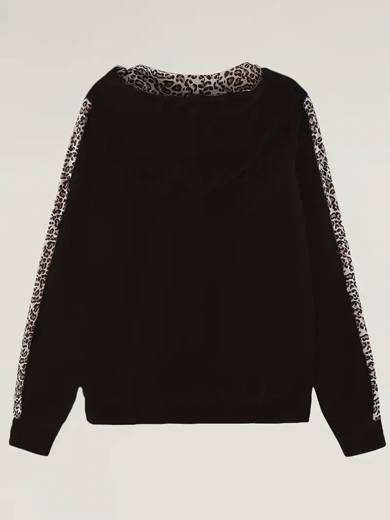 Black hoodie with leopard print sleeves and drawstring hood