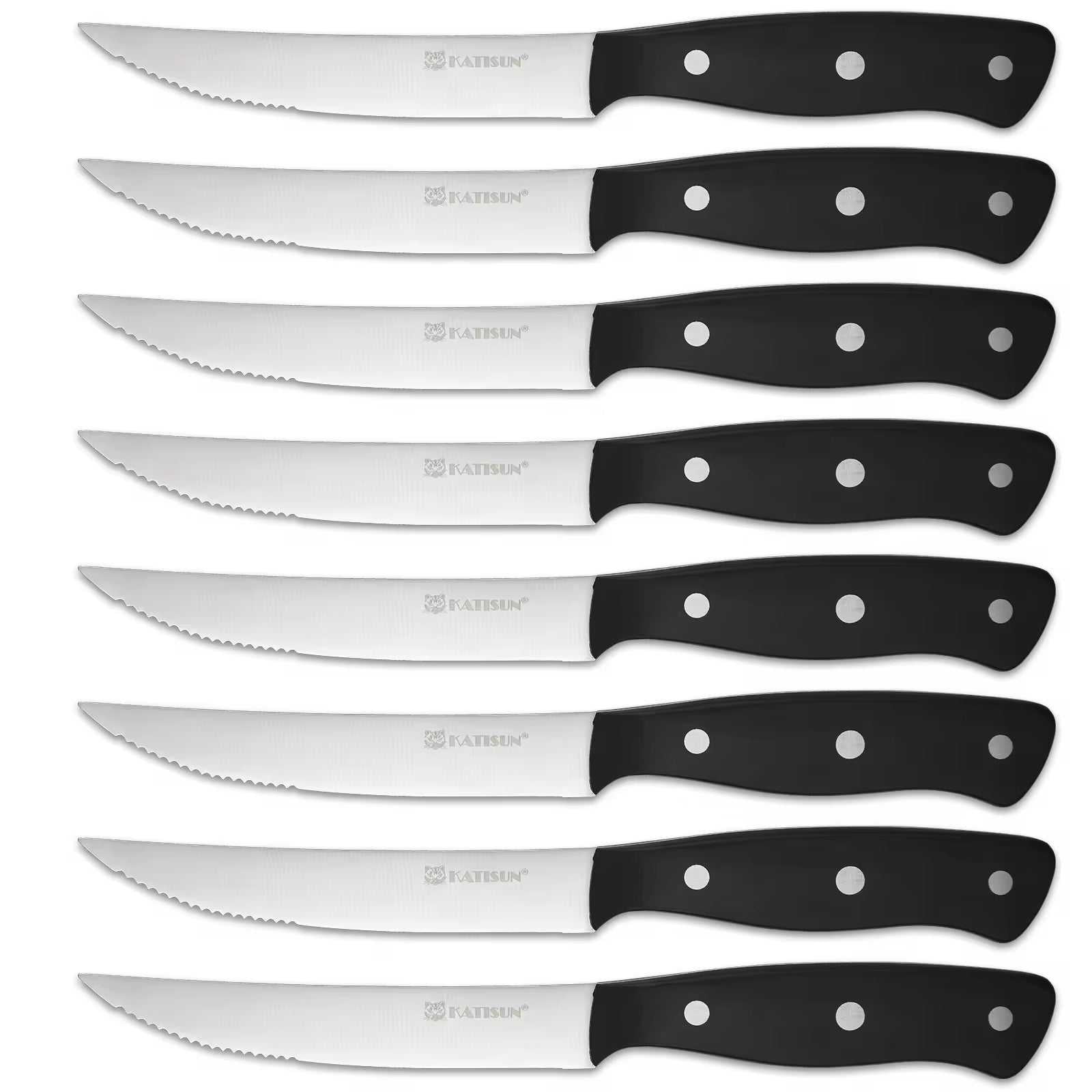 Steak knife set with serrated blades and black handles with white rivet dots