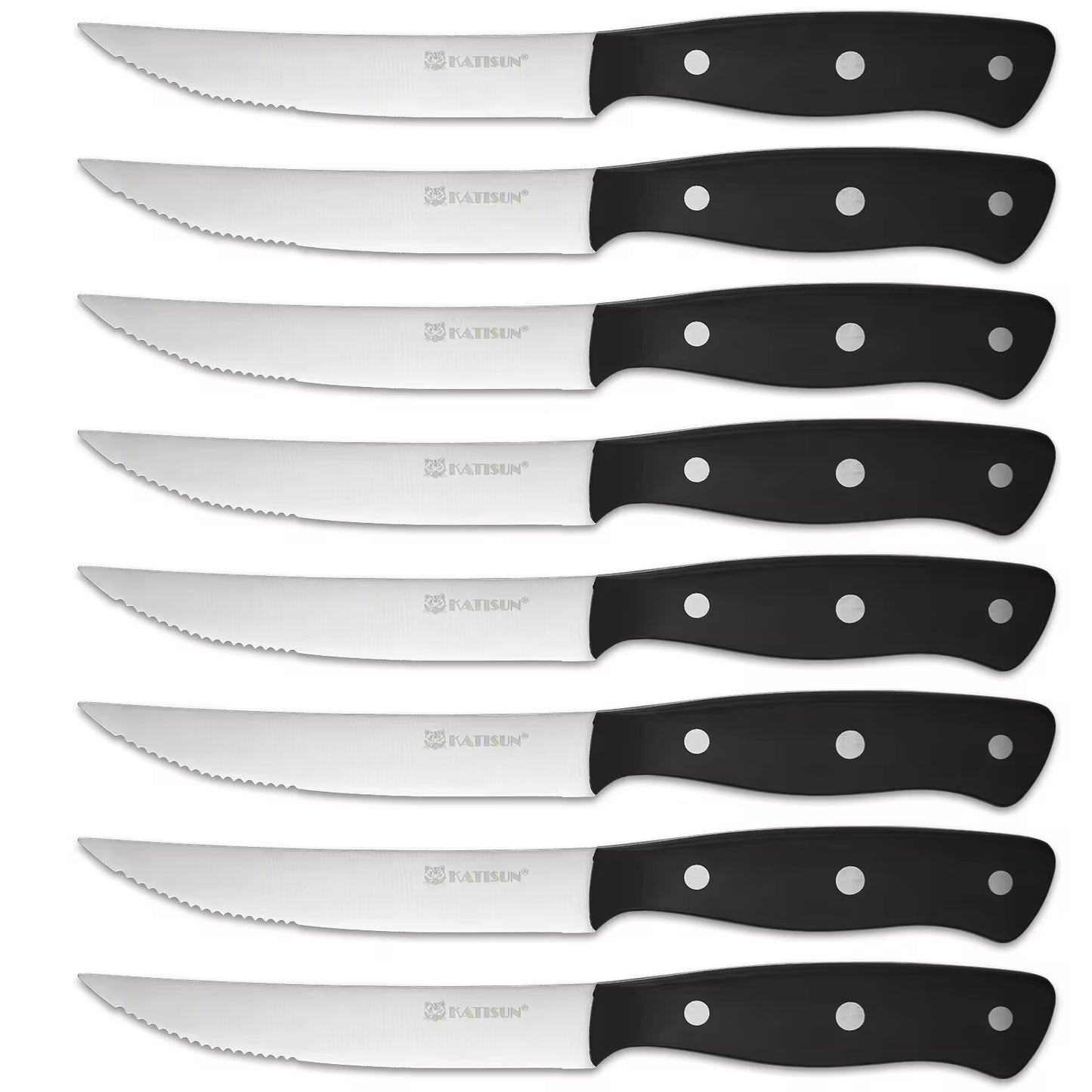 8 serrated steak knives with stainless blades and black handles with rivet accents