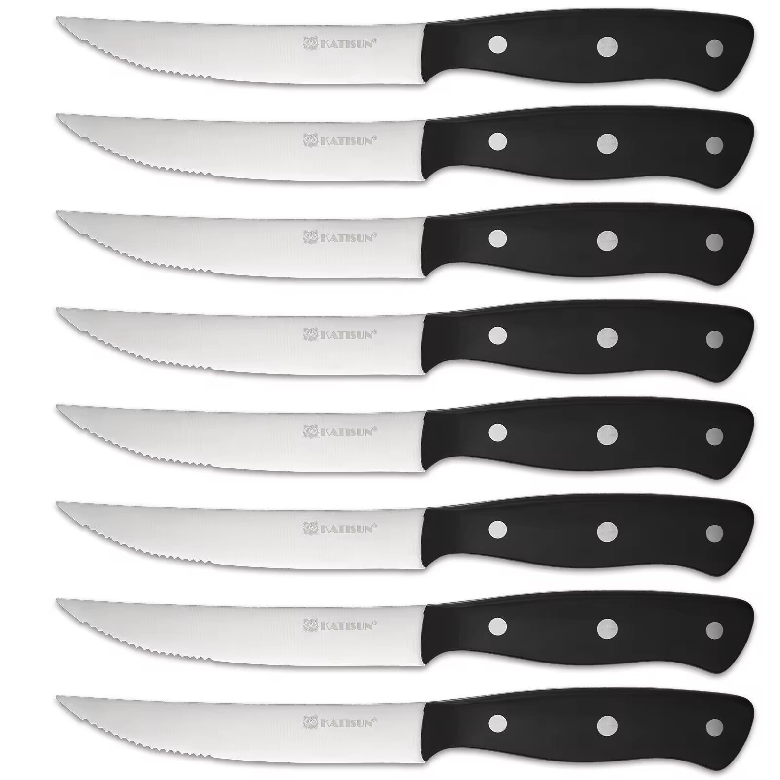 8 serrated steak knives with stainless blades and black handles with rivet accents