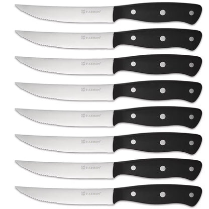 8 serrated steak knives with stainless blades and black handles with rivet accents
