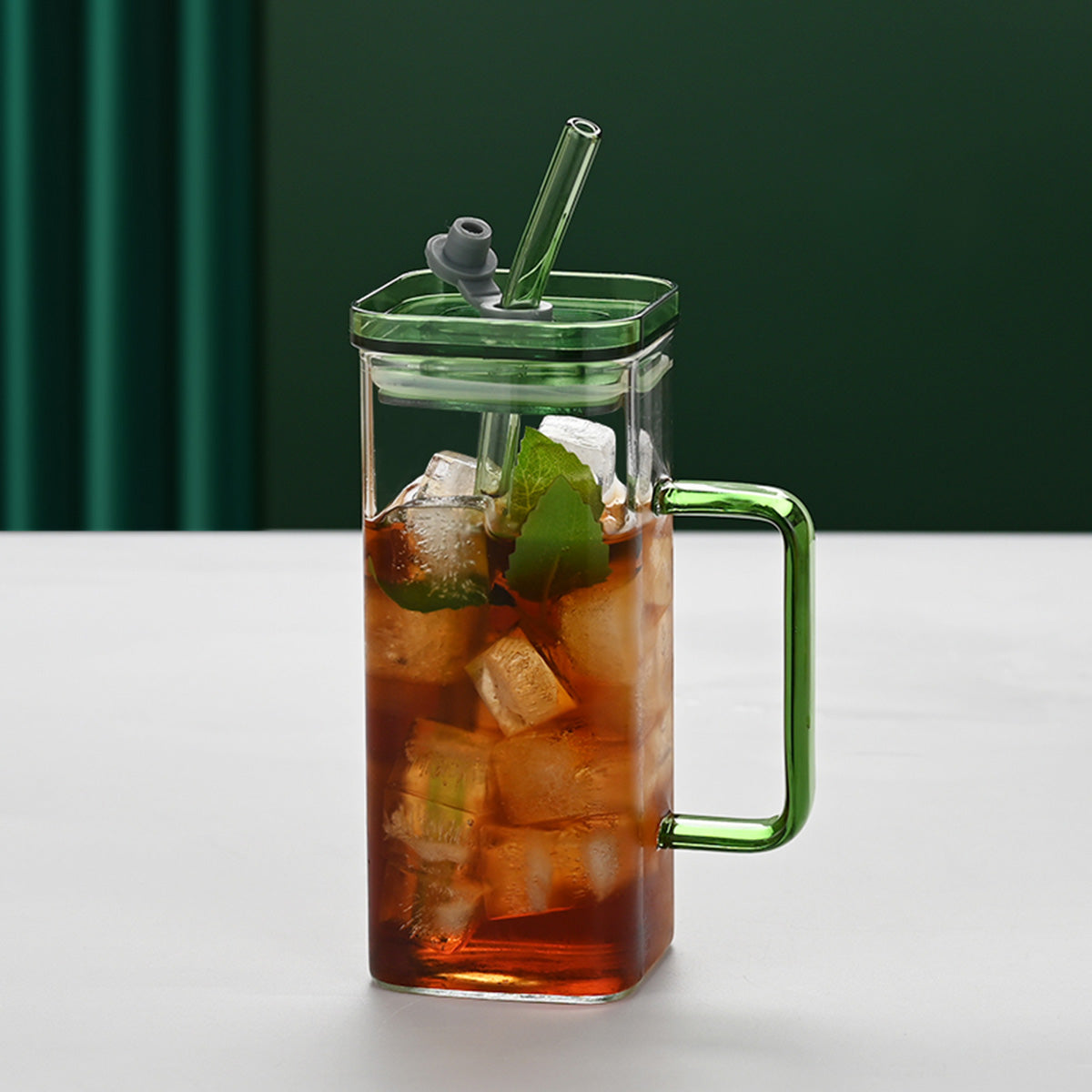 6-Piece Square Glass Cup Set with Straws & Lids | 6 Vibrant Colors