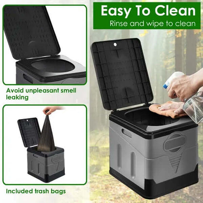 Grey portable foldable toilet with open lid and built-in waste opening