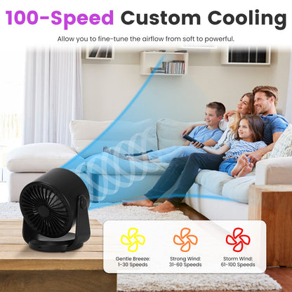 Rechargeable desk fan with purple LED ring and black housing on a tabletop