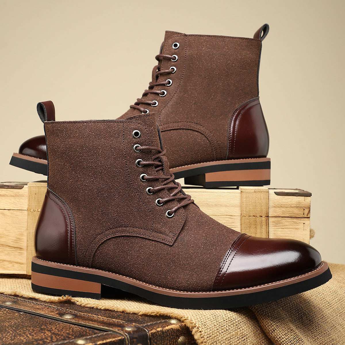 Men's brown lace-up leather boots with glossy toe cap and pull-tab