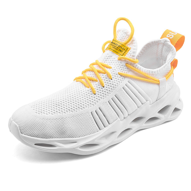 Breathable sneakers, white knit upper with yellow laces and cushioned tread