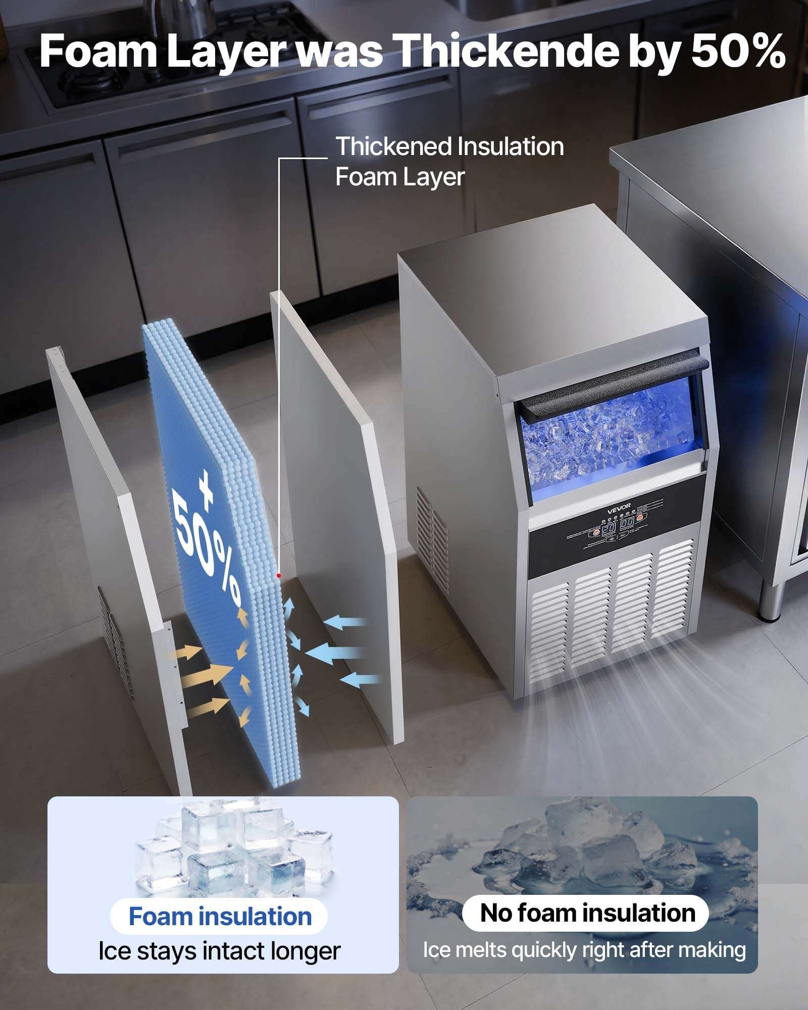 Black ice machine with insulation foam panels and open ice bin compartment