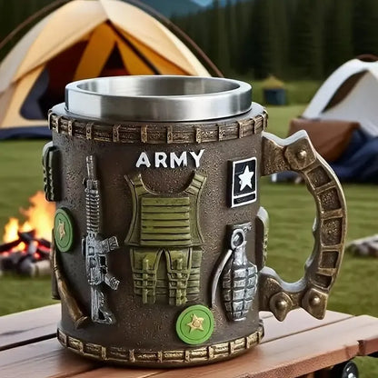 Insulated tactical mug with metal lid, dark body, 'ARMY' label, side handle, rugged studs