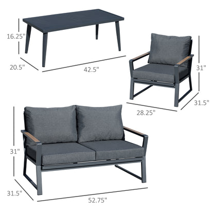 Dark grey loveseat, armchair, and rectangular slat-top table shown with size labels