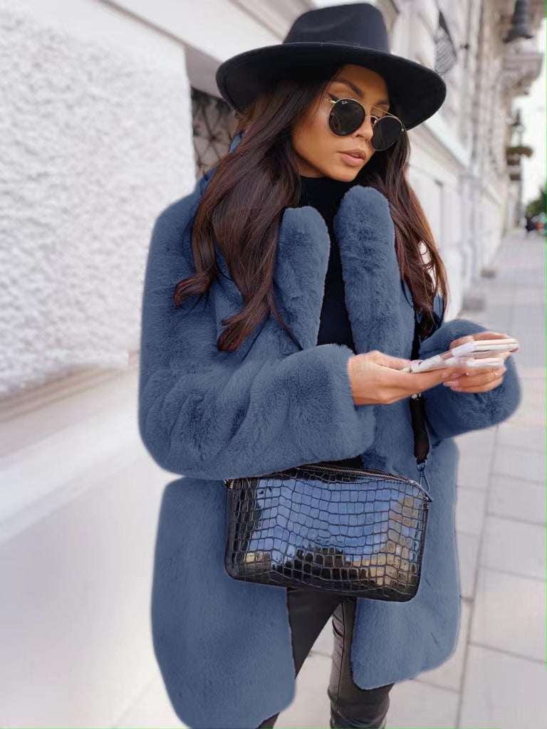 Elegant Long Sleeve Faux Fur Coat for Women Temperament Long Sleeve Lapel Faux Fur C | Ectron Online