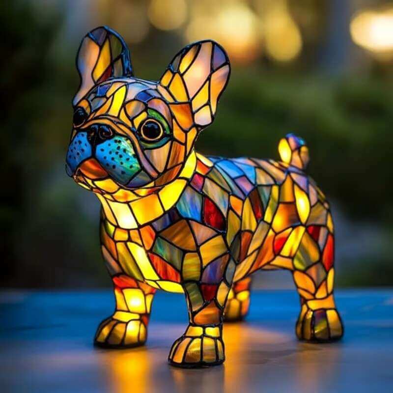 Colorful dog lamp with crouching mosaic dog, colorful stained-glass surface