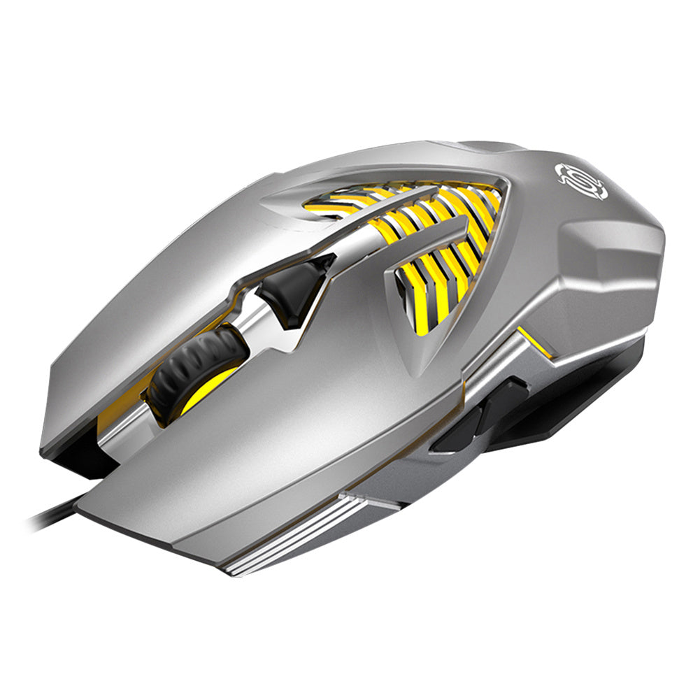 Silver wired gaming mouse with yellow striped RGB accents and sculpted shell