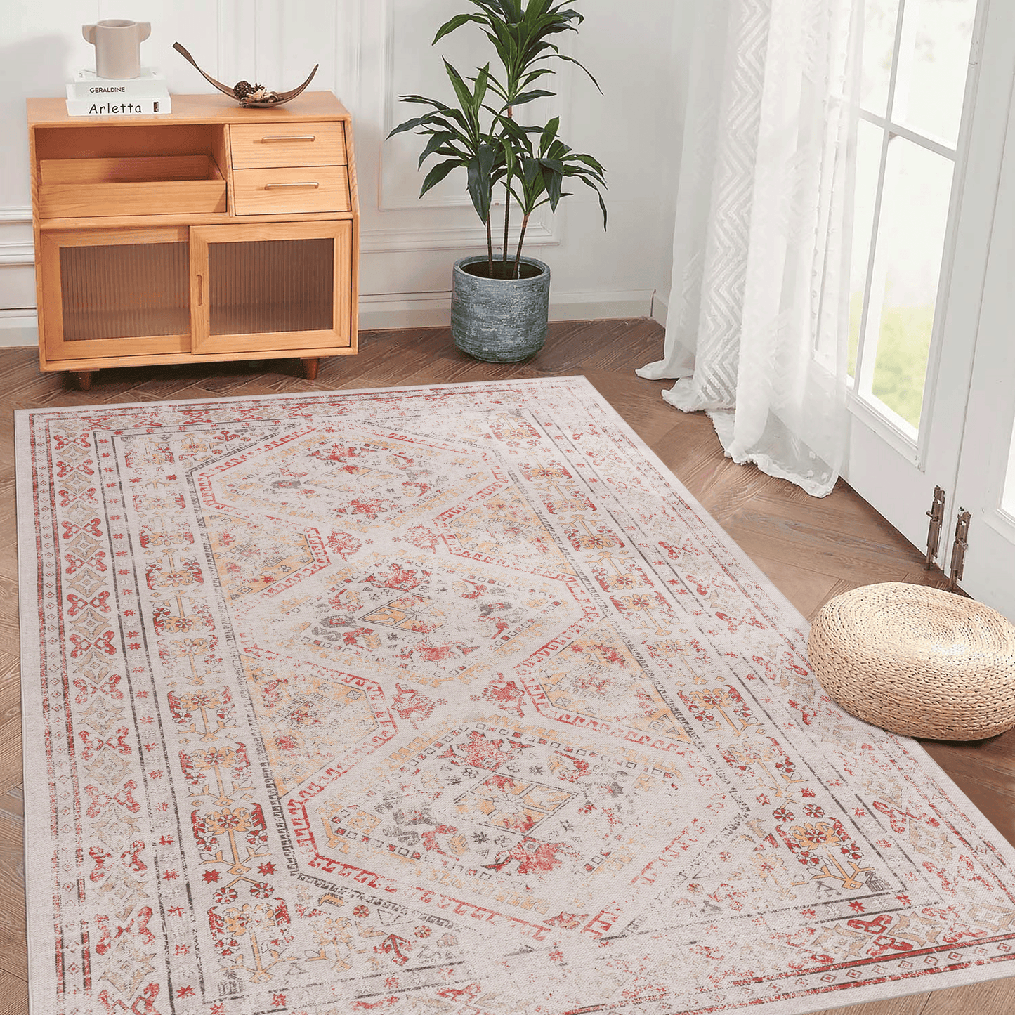 Maval Washable Area Rug - 5x8 Neutral Beige Home Decor Carpet
