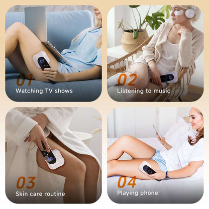 Handheld massager used on a thigh with blue “09” display