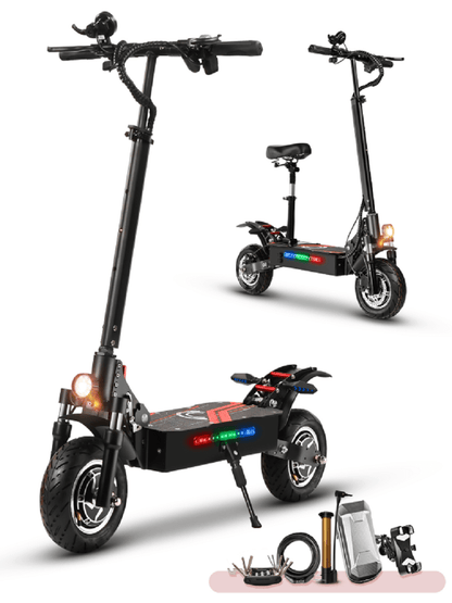 Black electric scooter with light display strip and included charger and cables