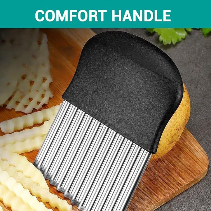 Black crinkle cutter slicer tool with curved handle and stainless rod blades