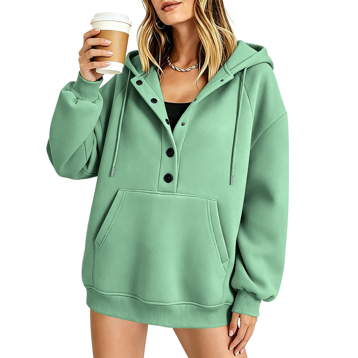 Women's green hooded sweatshirt with button front, long sleeves, front kangaroo pocket