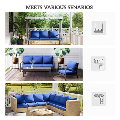 Navy blue cushion set displayed on outdoor patio seating with back and seat pads