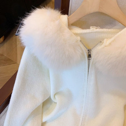 Women's Double Zipper Knit Cardigan | Fur Collar Hooded Sweater Double Zipper Fur Collar Stitching Desig | Ectron Online