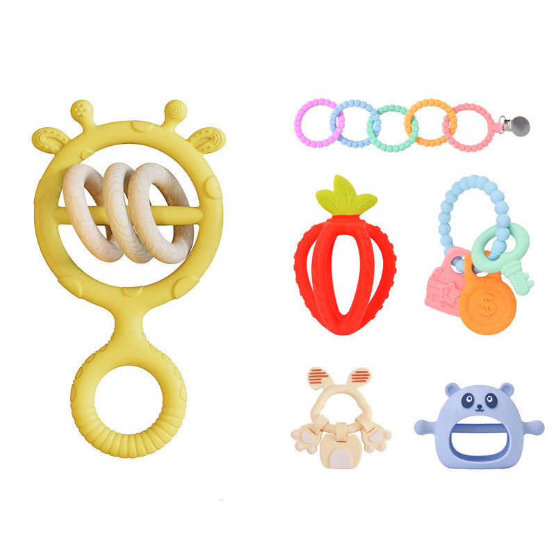 Baby Gloves Teething Rubber Silicone Baby Anti-Eating Hands Soothing Rattles Hand Ring Teething Stick Bite Toy