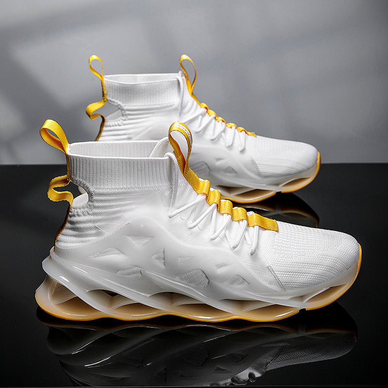 White running high-top sneakers with gold laces and thick sole