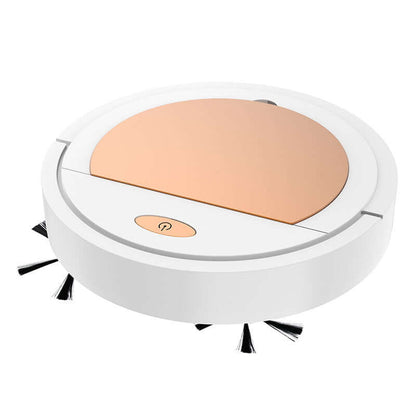 White smart vacuum robot with pink top panel and protruding side brushes, front 3/4 view.