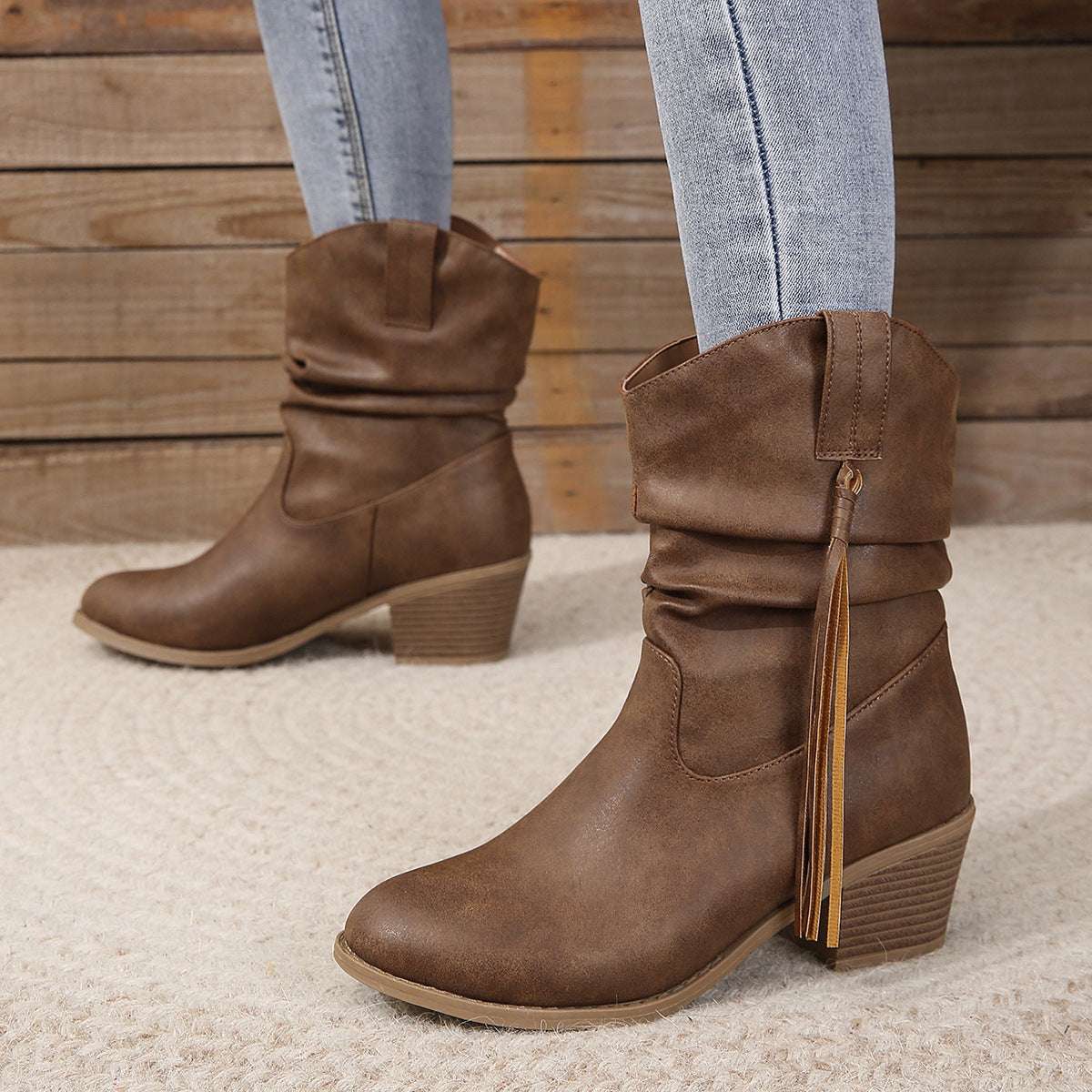 Retro Tassel Boots Winter Thick Square Heel Mid-calf Knight Retro Tassel Boots Winter Thick Square H | Ectron Online