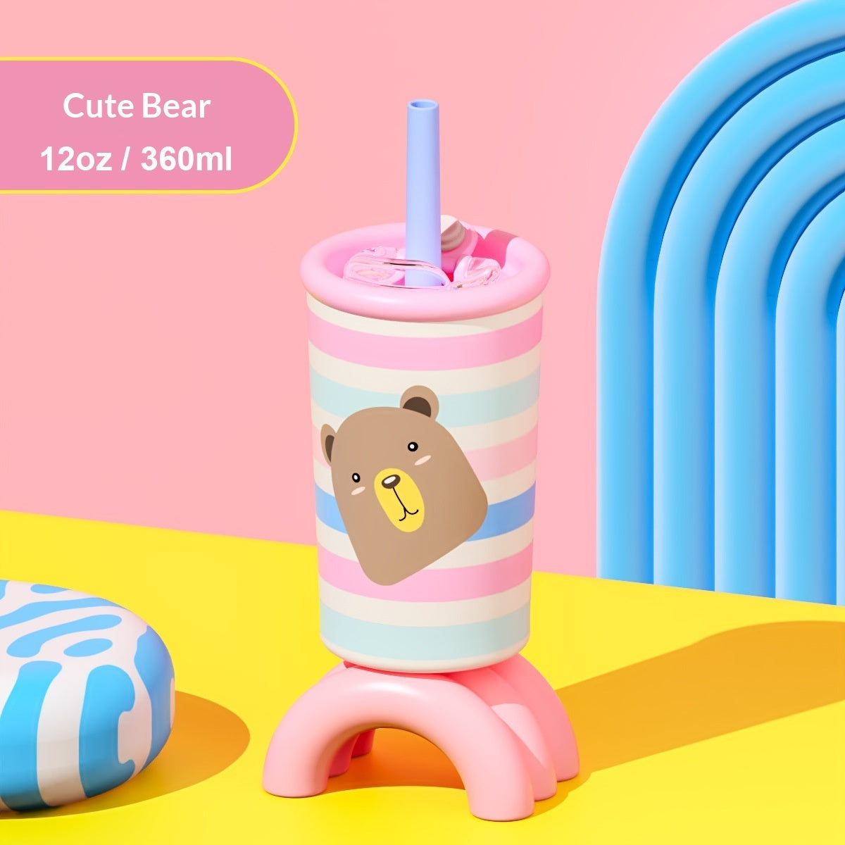 Kids leak-proof water bottle with cute bear print, light blue straw, and 360ml