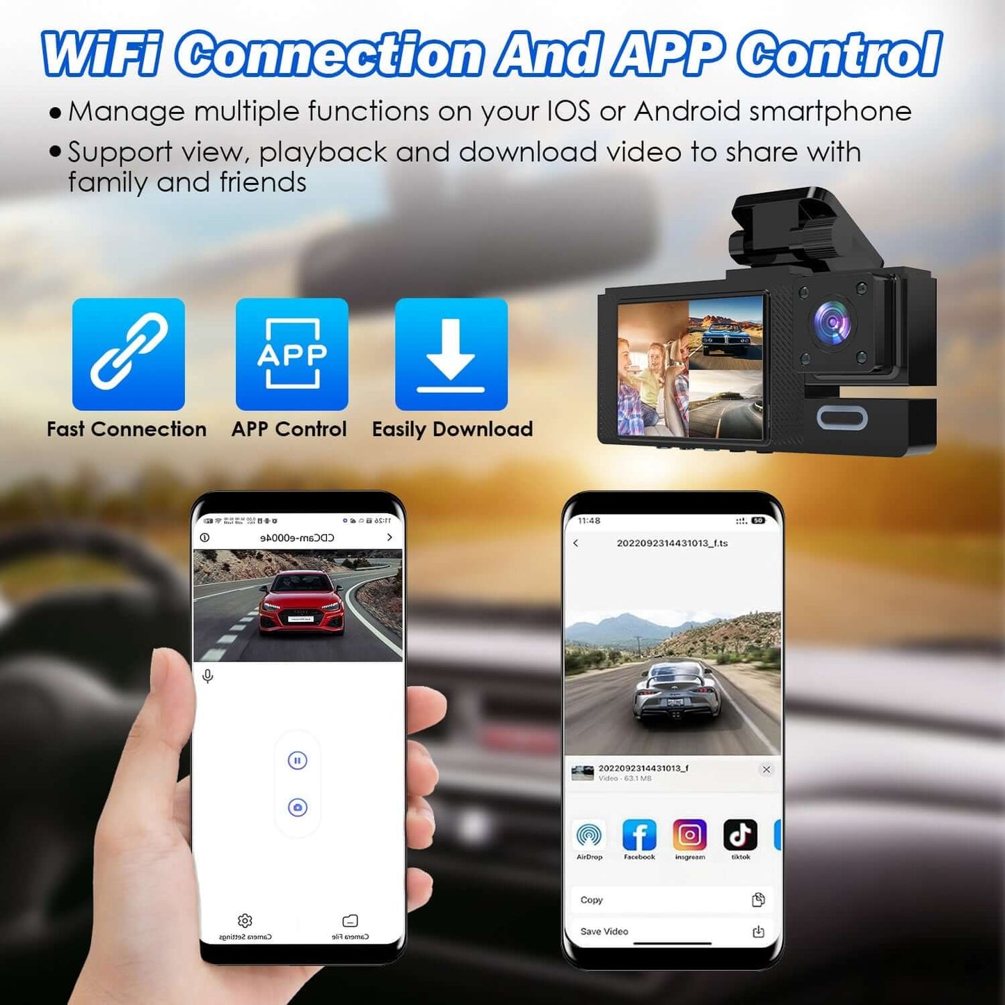 3-Channel WiFi Dash Cam 1080P - Front, Rear & Cabin 1Pc WiFi FHD 1080P Car Dash Cam 3 Channe | Ectron Online
