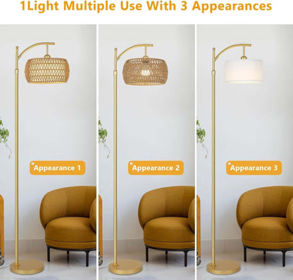 Gold floor lamp with woven shade and arched pole, multiple shade looks shown