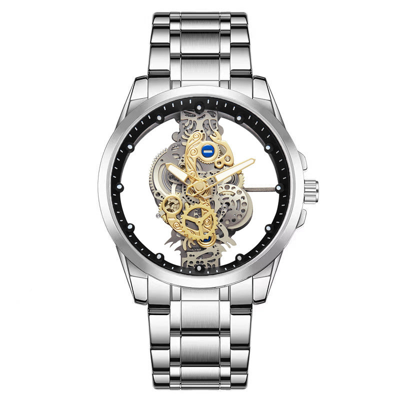Silver automatic men’s watch with transparent skeleton dial and silver metal bracelet
