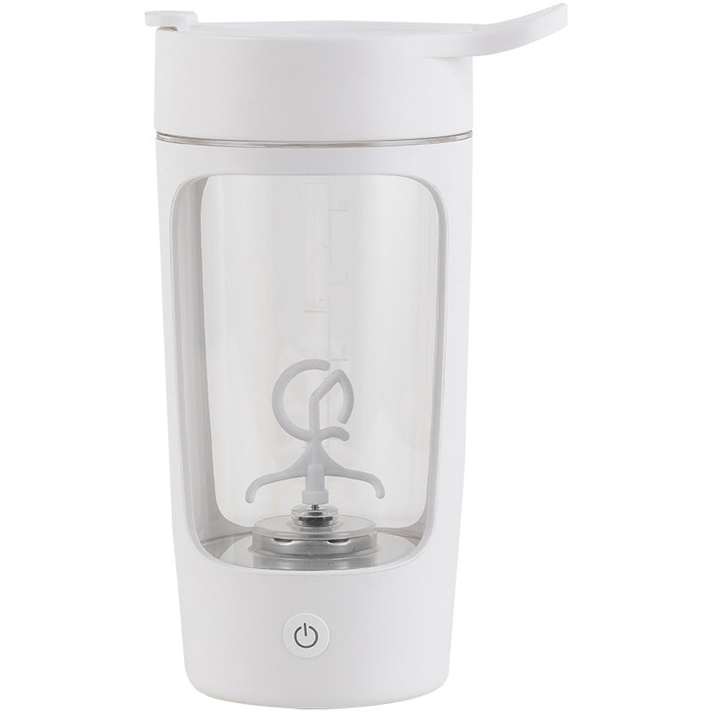 White portable juice blender with clear blending chamber and base power button