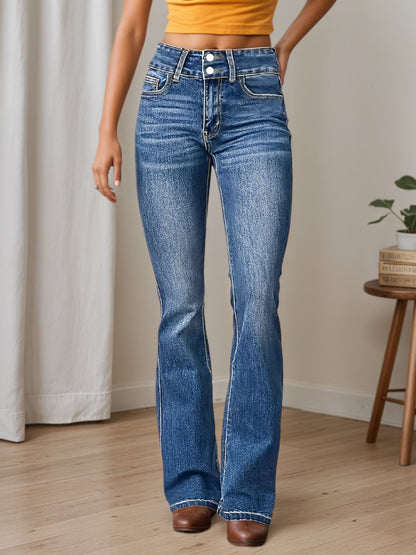 Blue high-waisted jeans with slight flare, dark wash, button fly, front pockets