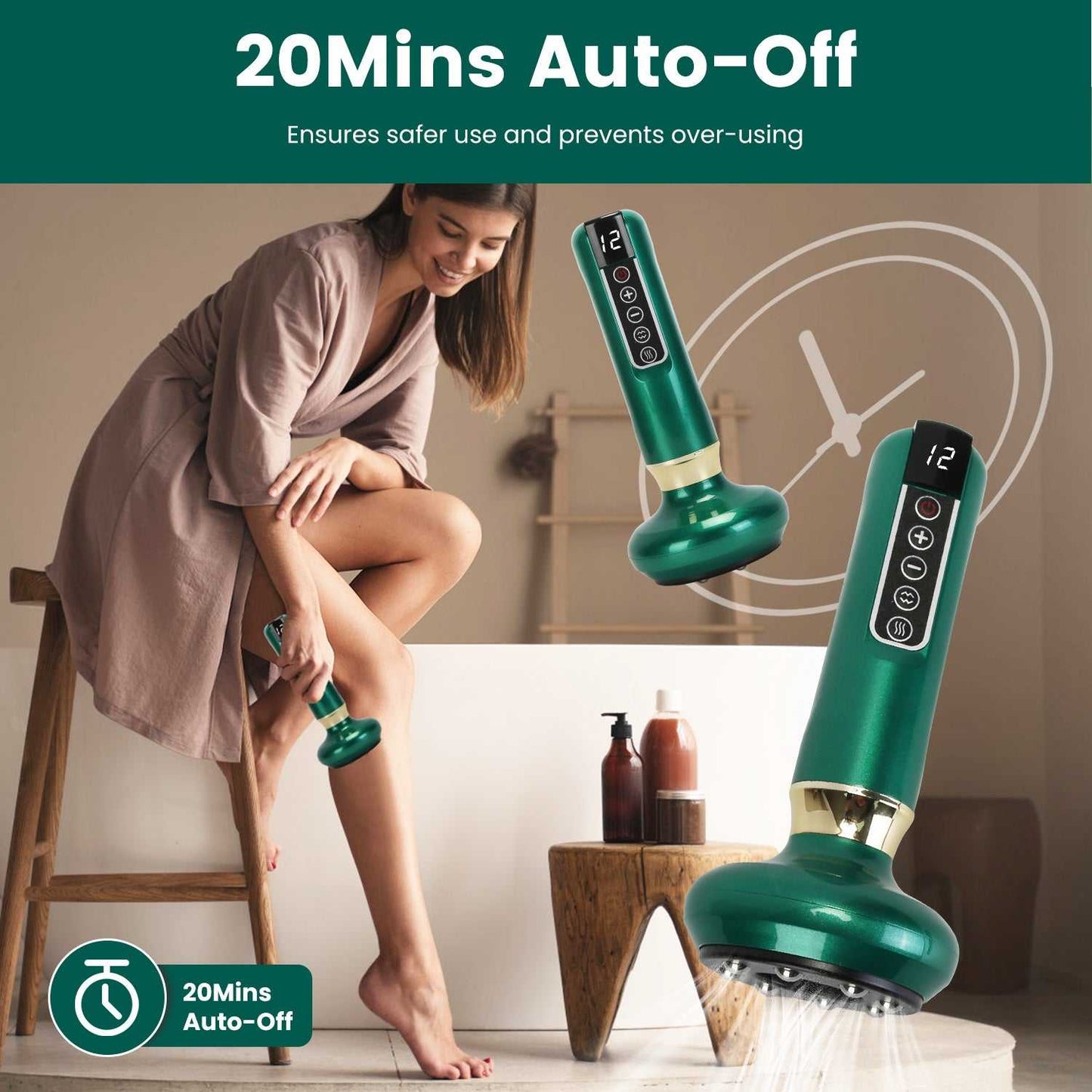 Green cordless vacuum massager held upright with suction head for body treatment