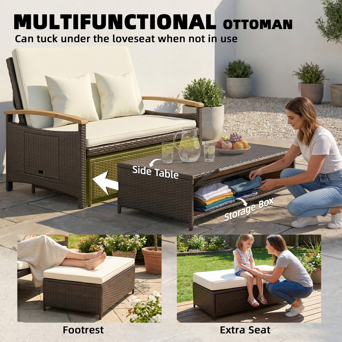 Rattan Outdoor Daybed with Adjustable Backrest | Acacia Wood Accents
