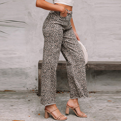 Leopard print high-waist wide-leg jeans, side view with button closure