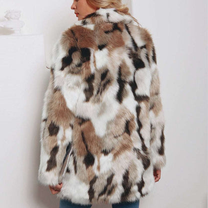 European And American Fashion Tailored Suit Collar Mixed Color Faux Fur Coat