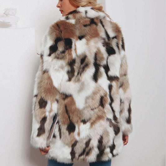 European And American Fashion Tailored Suit Collar Mixed Color Faux Fur Coat