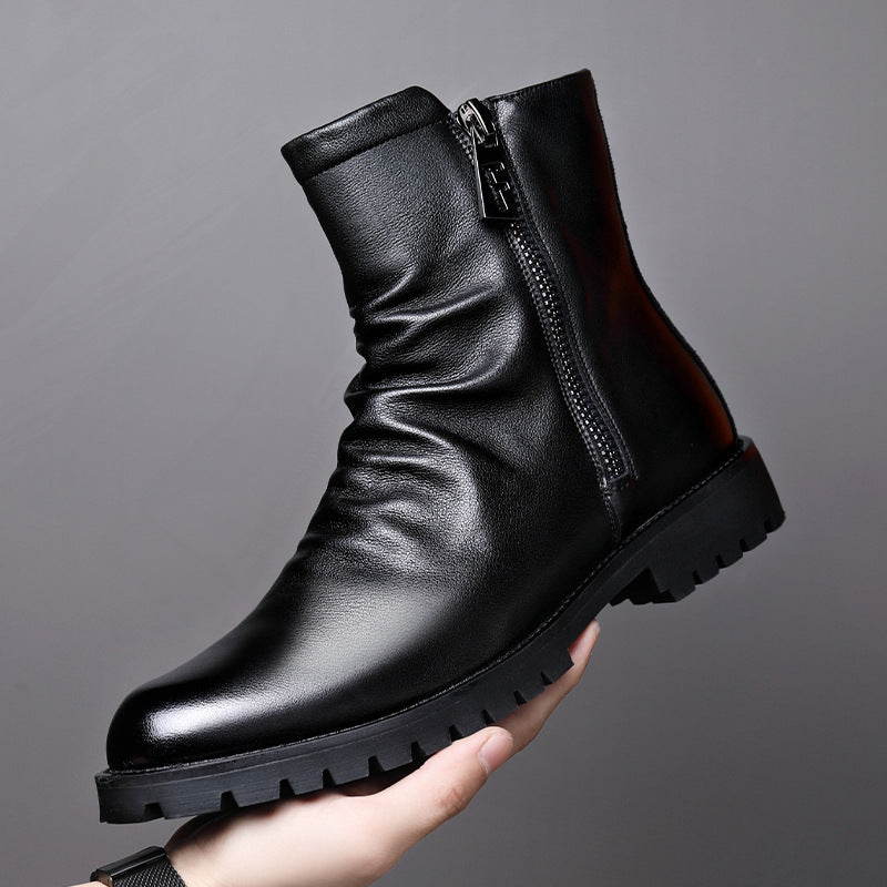 Black leather high-top Martin boots with side zipper and rugged tread sole