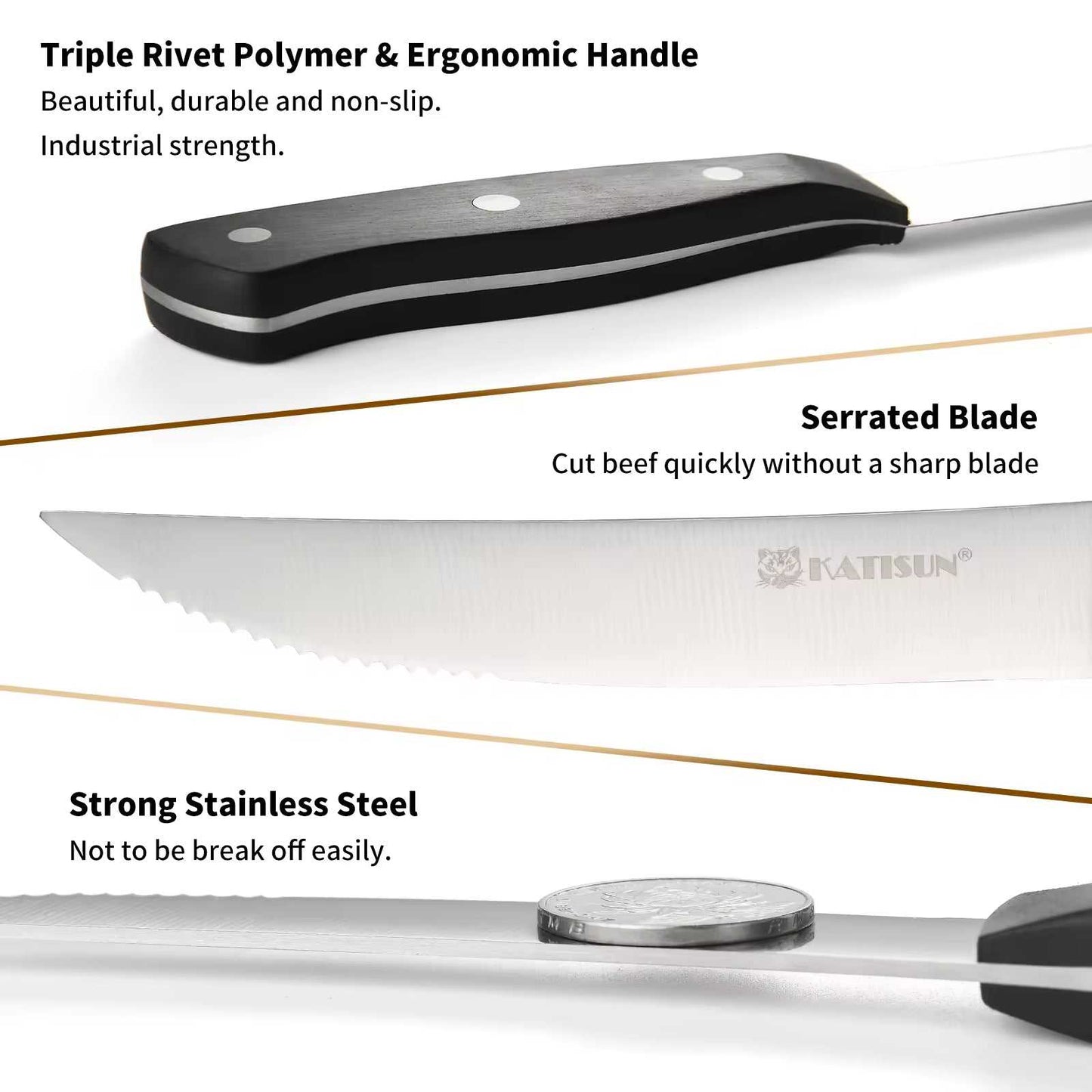 Steak knife with serrated steel blade and black ergonomic polymer handle