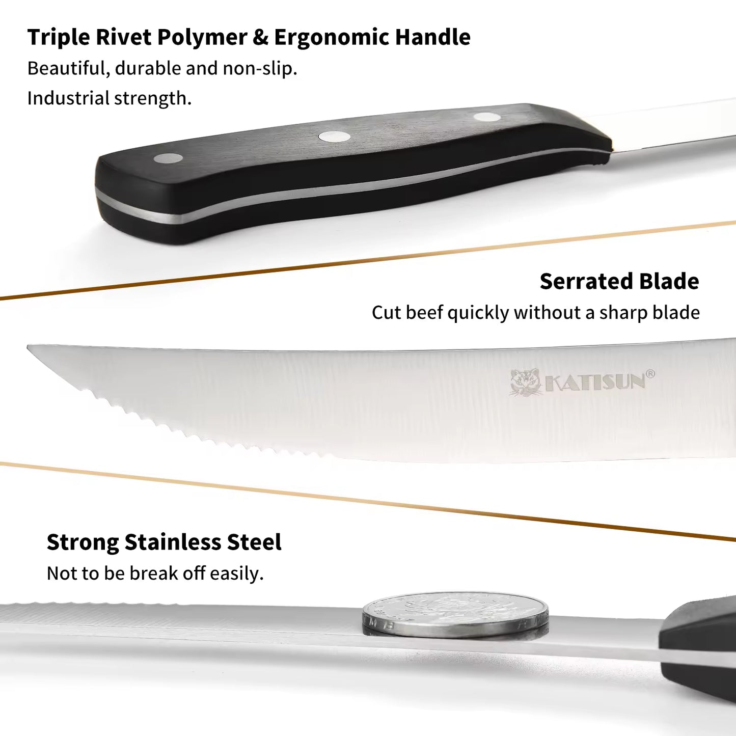 Serrated steak knife with stainless blade and black ergonomic handle with rivets