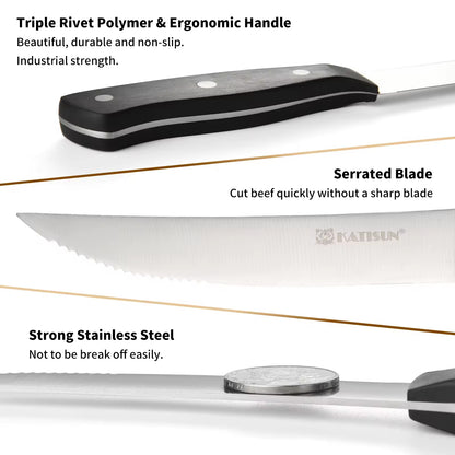 Serrated steak knife with stainless blade and black ergonomic handle with rivets